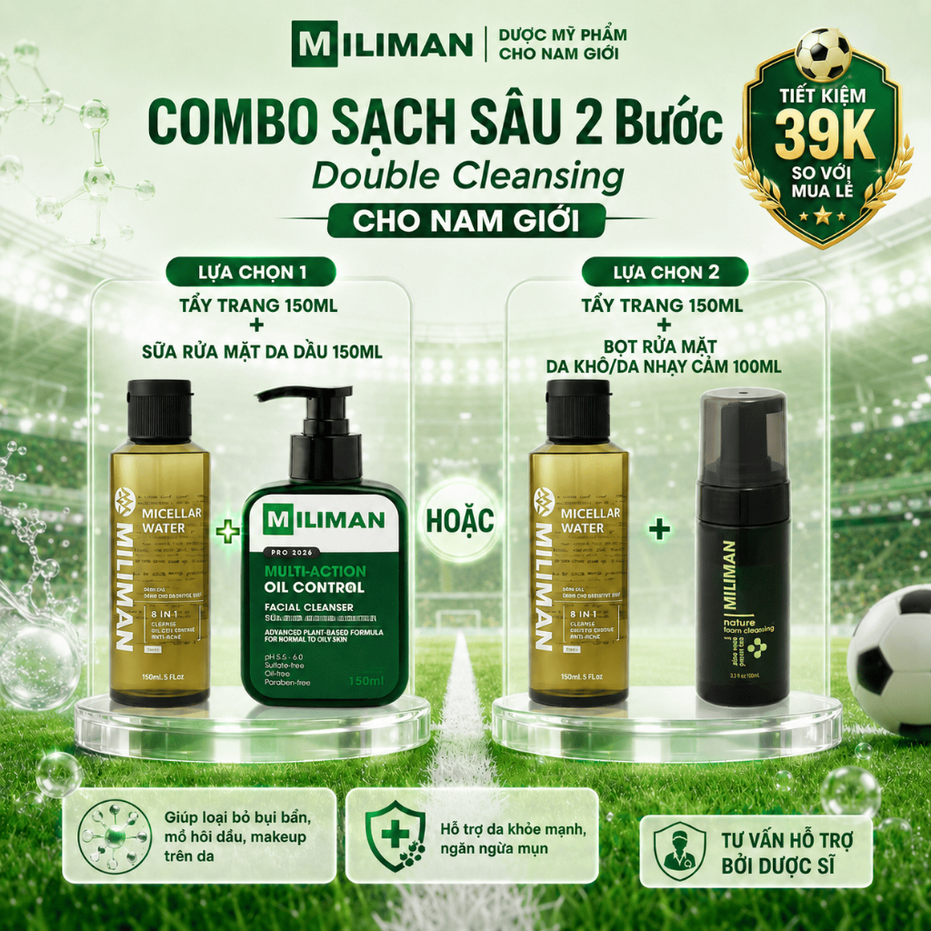 Combo Sạch Sâu MILIMAN Nước Tẩy Trang Và Sữa Rửa Mặt Nam MILIMAN 150ml | Double Cleansing Hiệu Quả