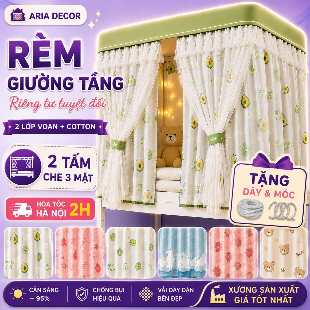 Rèm giường tầng ktx 2 lớp công chúa ARIA DECOR, che ánh sáng, chống muỗi tạo không gian riêng tư