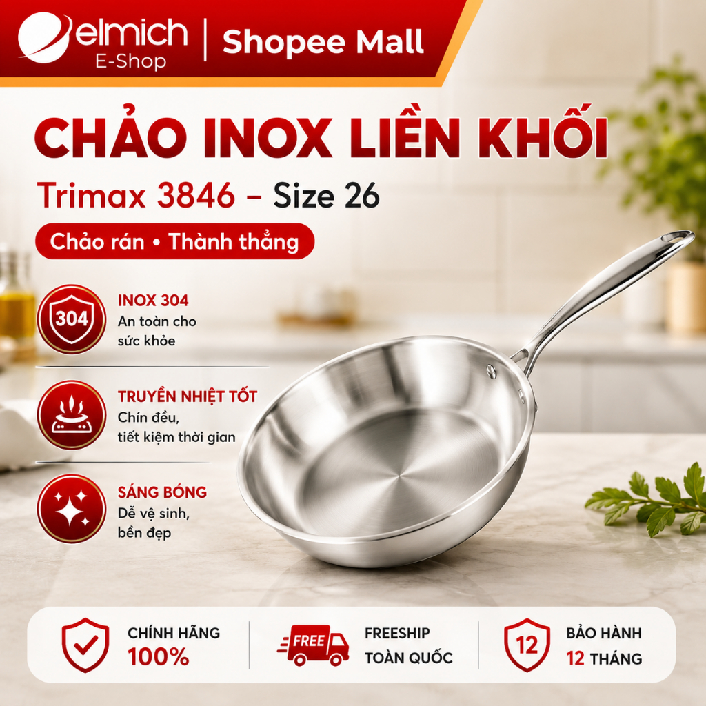Chảo Inox 304 Nguyên Khối Elmich Trimax EL-3846 | Chảo Rán Thành Thẳng, Dùng Bếp Từ