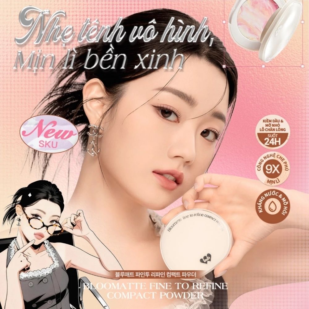 Ảnh 3 của Phấn phủ dạng nén Barenbliss Bloomatte Fine to Refine Compact Powder mịn lì kiềm dầu kháng nước 6g