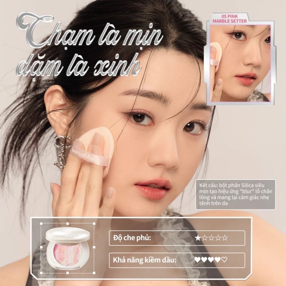 Ảnh 6 của Phấn phủ dạng nén Barenbliss Bloomatte Fine to Refine Compact Powder mịn lì kiềm dầu kháng nước 6g