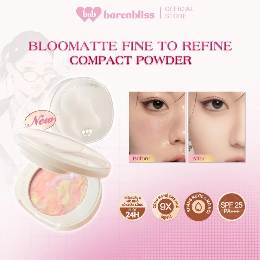 Ảnh 2 của Phấn phủ dạng nén Barenbliss Bloomatte Fine to Refine Compact Powder mịn lì kiềm dầu kháng nước 6g