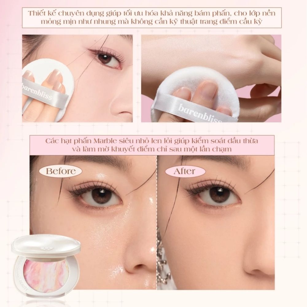 Ảnh 8 của Phấn phủ dạng nén Barenbliss Bloomatte Fine to Refine Compact Powder mịn lì kiềm dầu kháng nước 6g