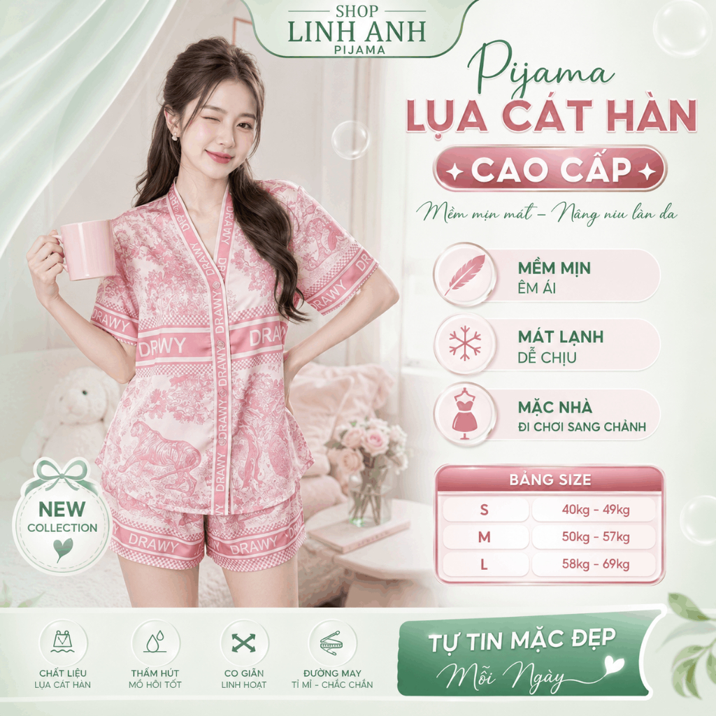 Bộ Đồ Ngủ Nữ Lụa Cát Hàn Cao Cấp Áo Cộc Quần Cộc Mềm Mát Phong Cách Hàn Quốc