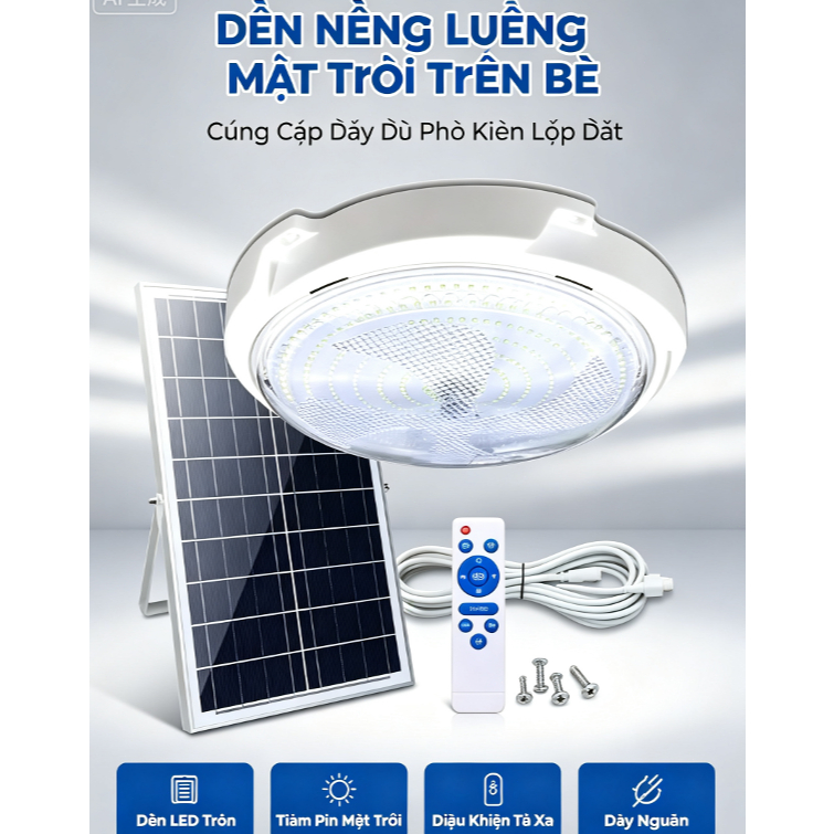Remote Solar Ceiling Light, Waterproof Round LED Lamp with Split Panel for Eaves Warehouse Yard