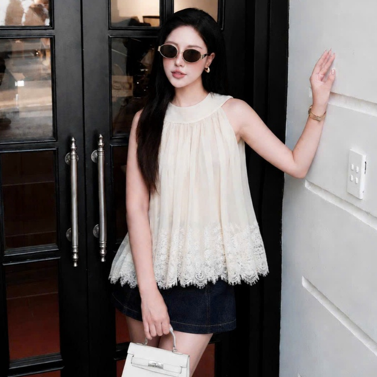 SUXING | Áo Yếm Voan Mix Viền Ren Phong Cách Thanh Lịch Women