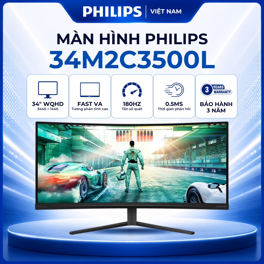 Màn hình Cong Gaming PHILIPS 34M2C3500L 34 inch 2K (WQHD / Fast VA / 180Hz / 0.5ms / 1500R) - HÀNG C
