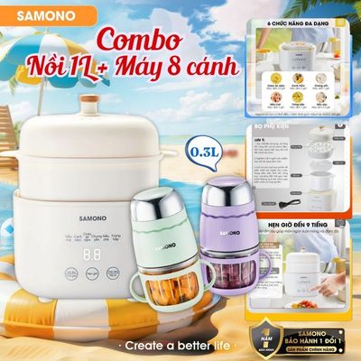 (BH 1 năm) Combo nồi nấu chậm Samono SW-SC10 dung tích 1L và máy xay mini ăn dặm cho bé dao 8 lưỡi 300ml SW-MFC200