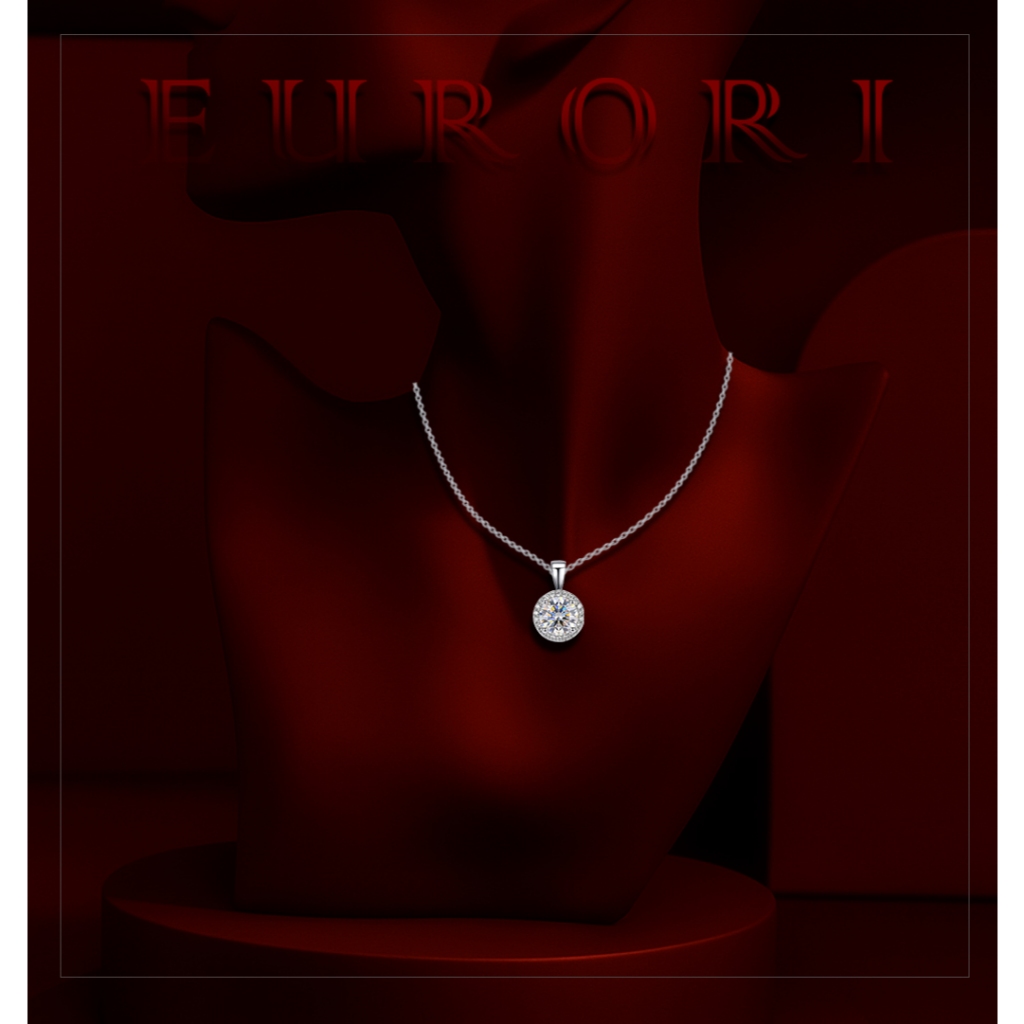EURORI-Dây chuyền bạc nữ halo đá chủ 6LY viền tấm đơn giản dây 45cm