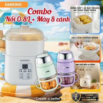Combo ăn dặm hiện đại Samono nồi nấu cháo chậm 0.8L và máy xay 0.3L SW-SC08B và SW-MFC200 - BH 1 năm