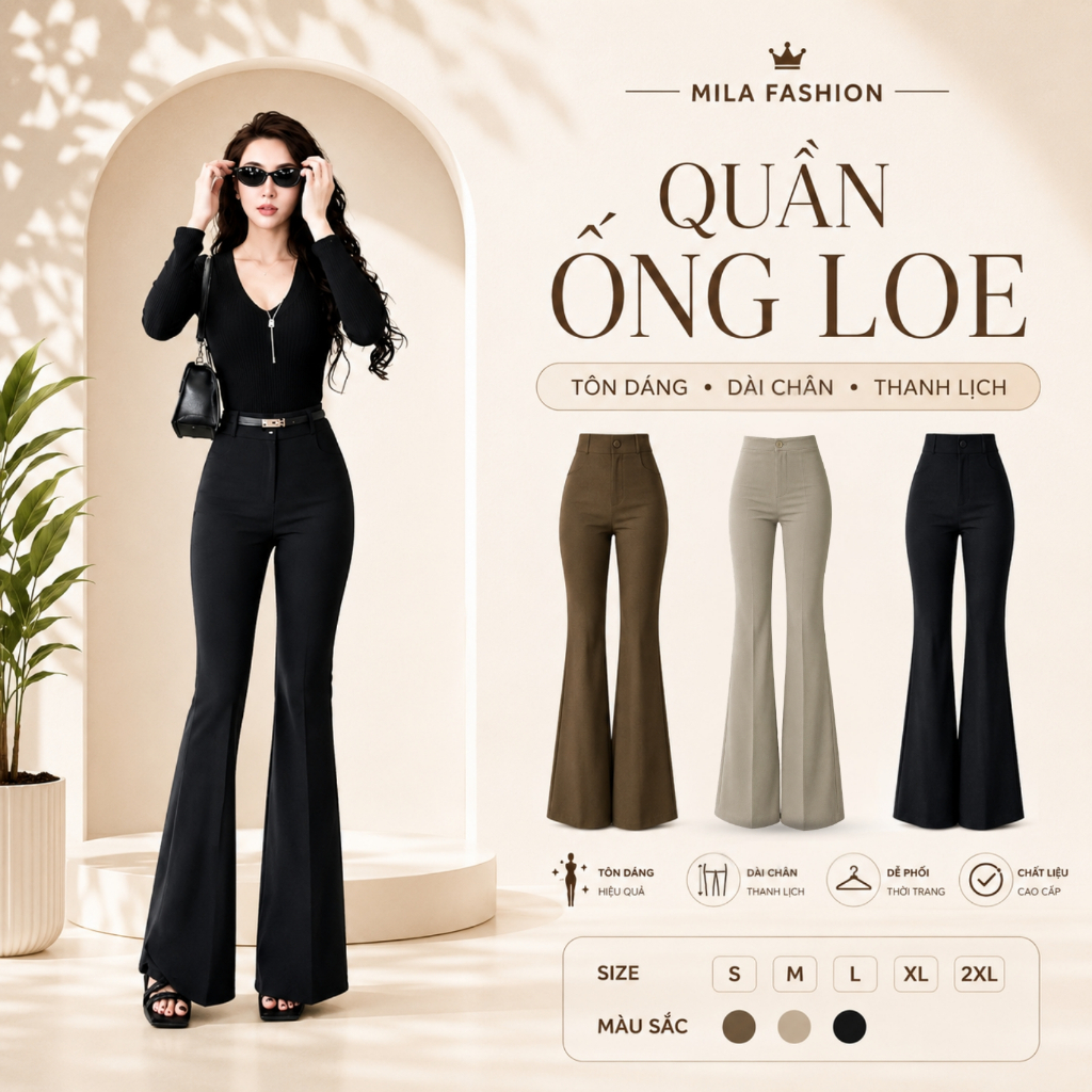 Quần Tây Ống Loe Công Sở Chất Tằm Ý Cao Cấp Mềm Mịn Mát Quần Dài Nữ Không Túi Không Giãn Lưng Cao Mã 65