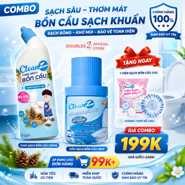 Combo Cốc Sạch Bồn Cầu CleanZ 180g Và Chai Sạch Bồn Cầu CleanZ 500mL - DOUBLES 2SSHOP