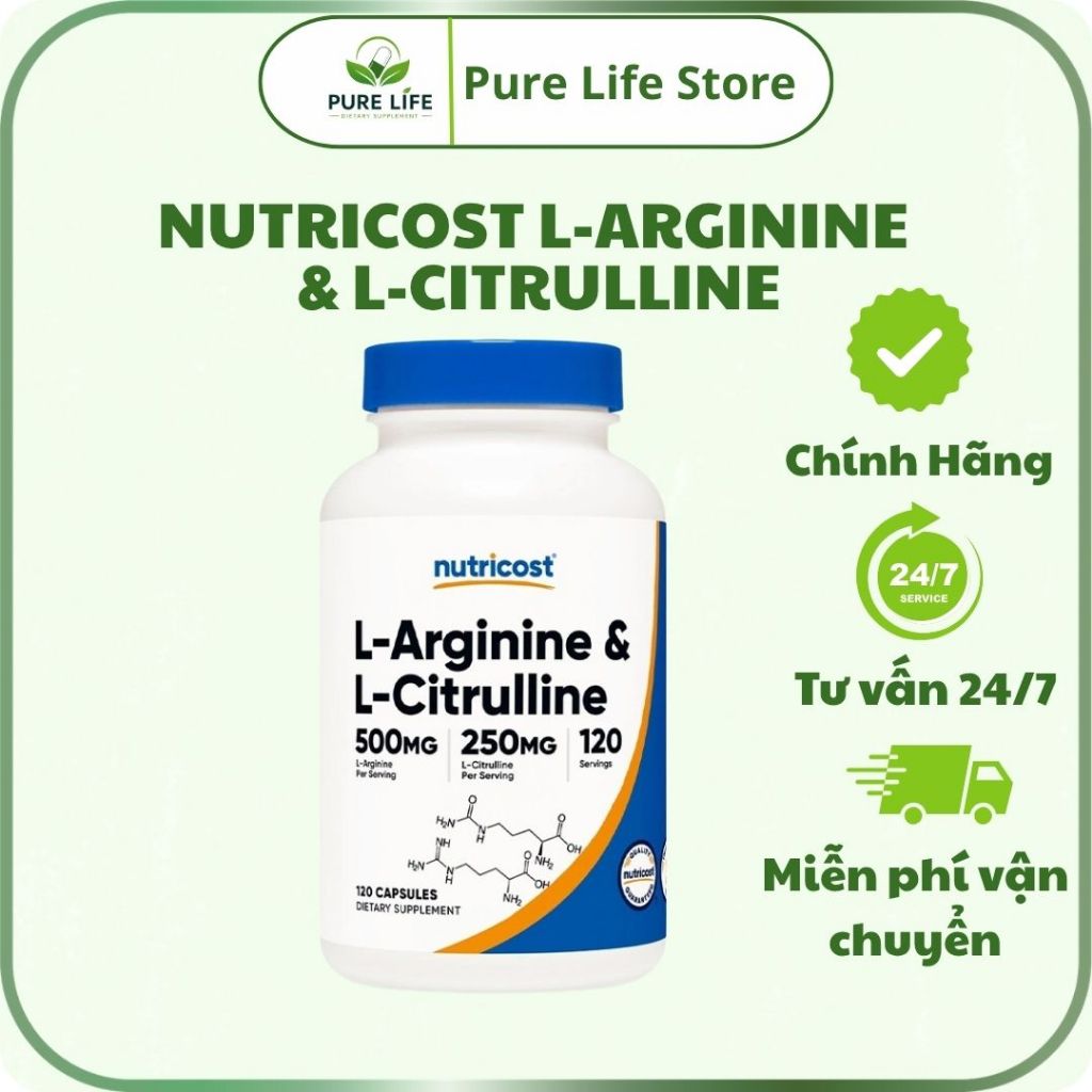 Nutricost L-Arginine & L-Citrulline hỗ trợ tuần hoàn máu, tăng hiệu suất tập luyện - Pure Life