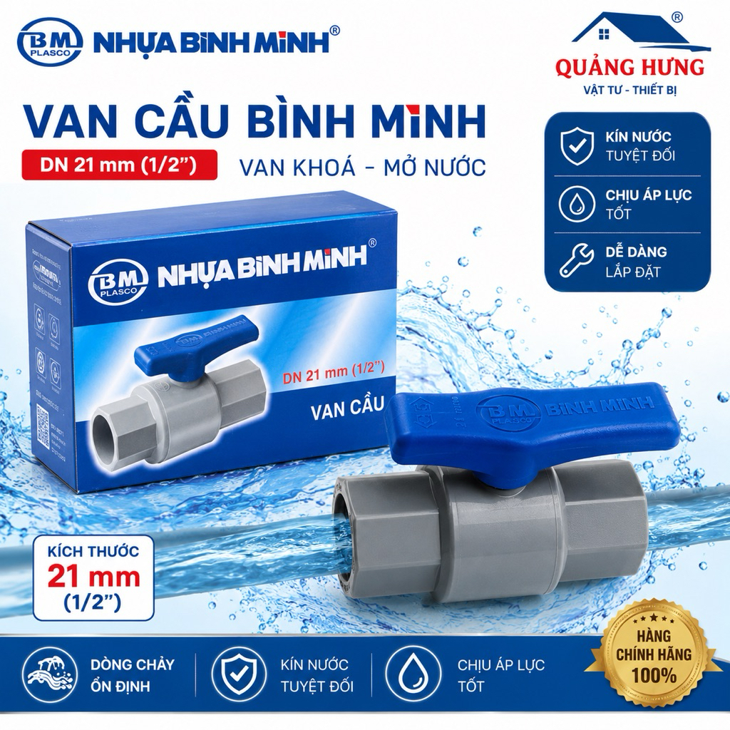 Van cầu Bình Minh DN21 (21mm - 1/2”) - Van khóa mở nước uPVC chính hãng, khóa nước bền, chịu áp lực 