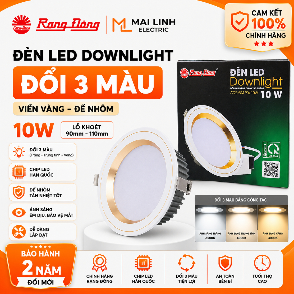 [Chính Hãng] Đèn LED âm trần Downlight đổi 3 màu 10W (Đế Nhôm) Rạng Đông - Lỗ khoét 90mm -Chip Led h