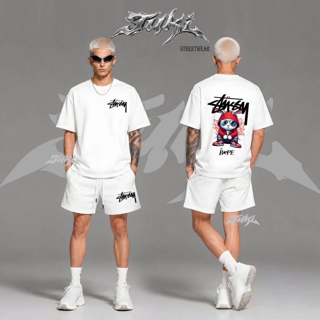 Set Nam Nữ Stussy x Rabbit Bape Unisex Cotton 260gsm Tuki Streetwear.