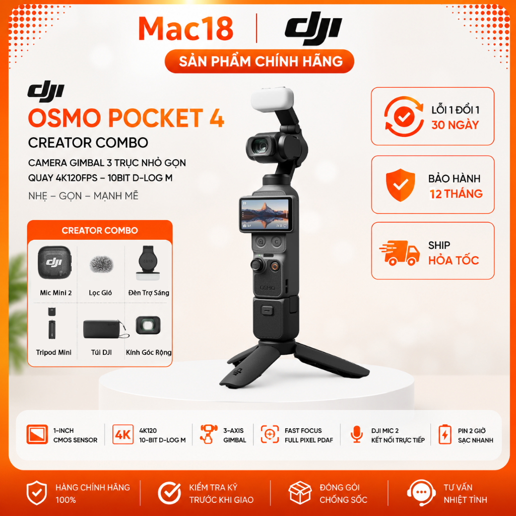 Camera DJI Osmo Pocket 4 Creator Combo Chính Hãng | Camera Gimbal 3 Trục Quay 4K120fps | Mac18 Tun C