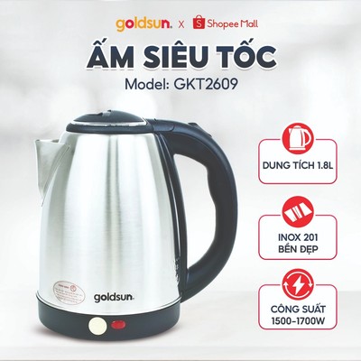Ấm Siêu Tốc Inox Cao Cấp 1.8L Goldsun GKT2609 Đun Sôi Nhanh, Tay Cầm Cách Nhiệt Bảo Hành 12 Tháng