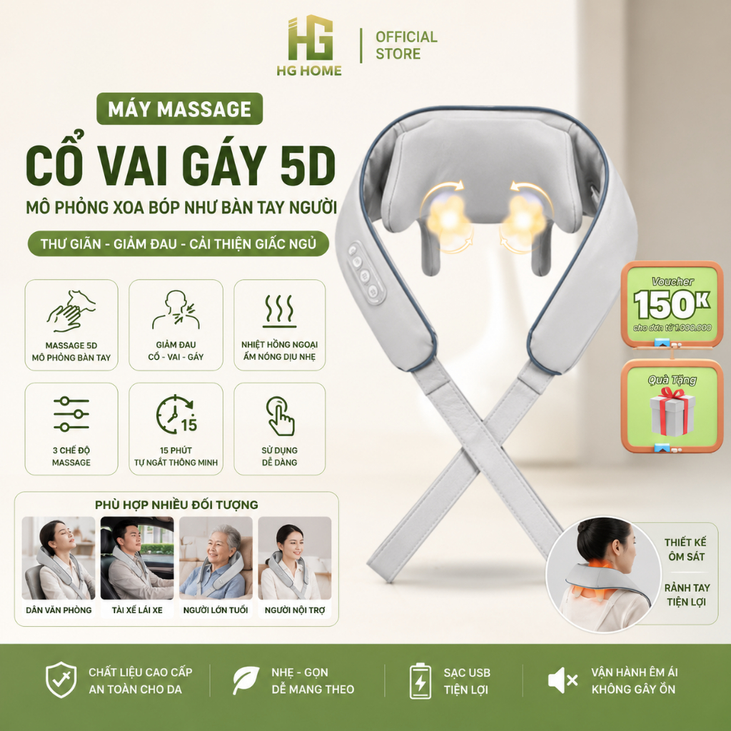Máy Massage Cổ Vai Gáy HGHOME– 5D Mô Phỏng Xoa Bóp Như Bàn Tay Người HGHOME