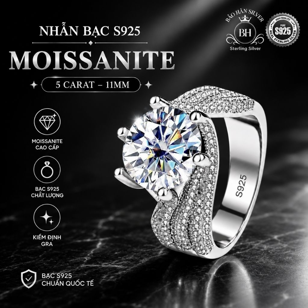 Moissanite 11ly 5 carat Nhẫn bạc nữ Moissanite nhẫn kim cương Moissanite bạc 925 nhẫn cầu hôn bạc nh