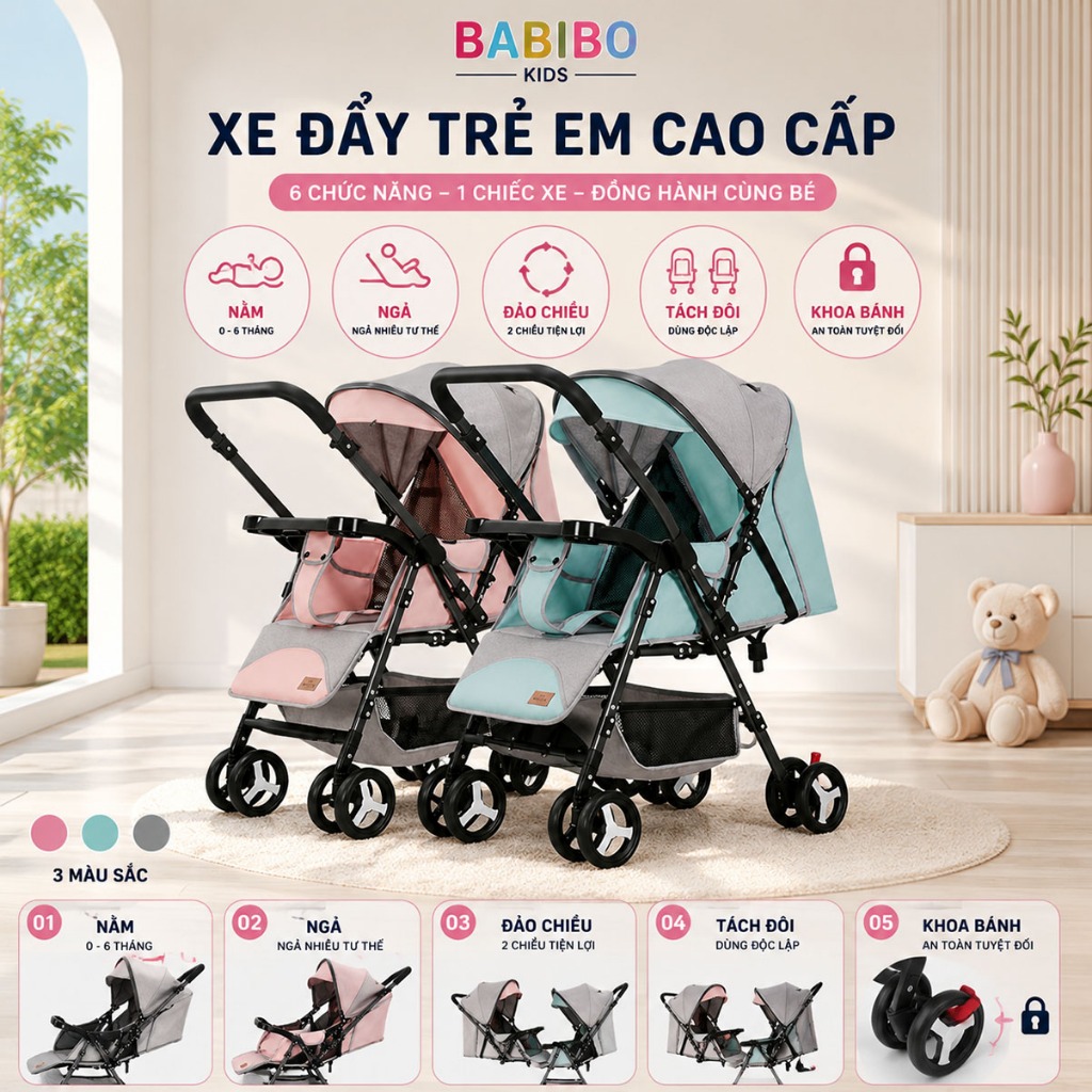 XE ĐẨY ĐÔI GẤP GỌN CHO BÉ CÓ THỂ TÁCH DỜI BABIBO KIDS
