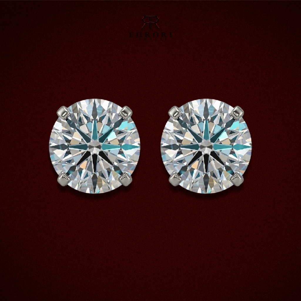EURORI-Bông tai bạc nụ kim cương MOISANITE 6 chấu cao cấp full GRA 4ly, 5ly, 6ly, 7ly, 8ly D/FL phủ 