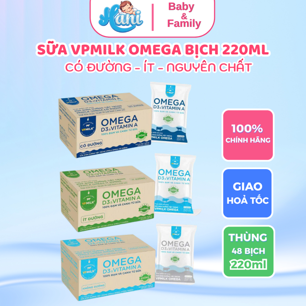 (Chỉ giao HCM) Sữa dinh dưỡng tiệt trùng VPMilk Omega BỊCH 220ml (thùng 48 bịch)