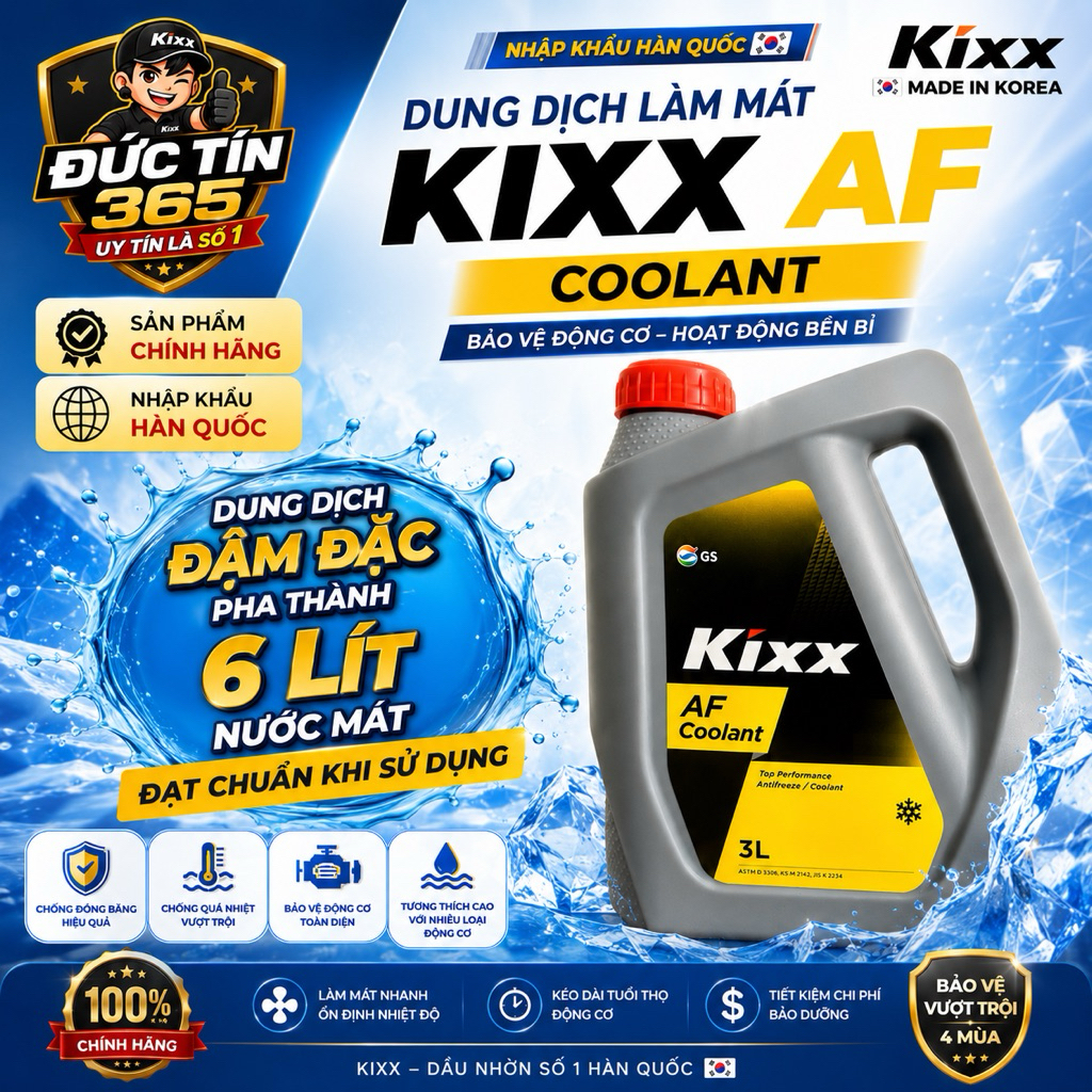 KIXX AF COOLANT 3Lit. Nước làm mát cao cấp gốc Ethylene Glycol . Hàng nhập khẩu Hàn Quốc.