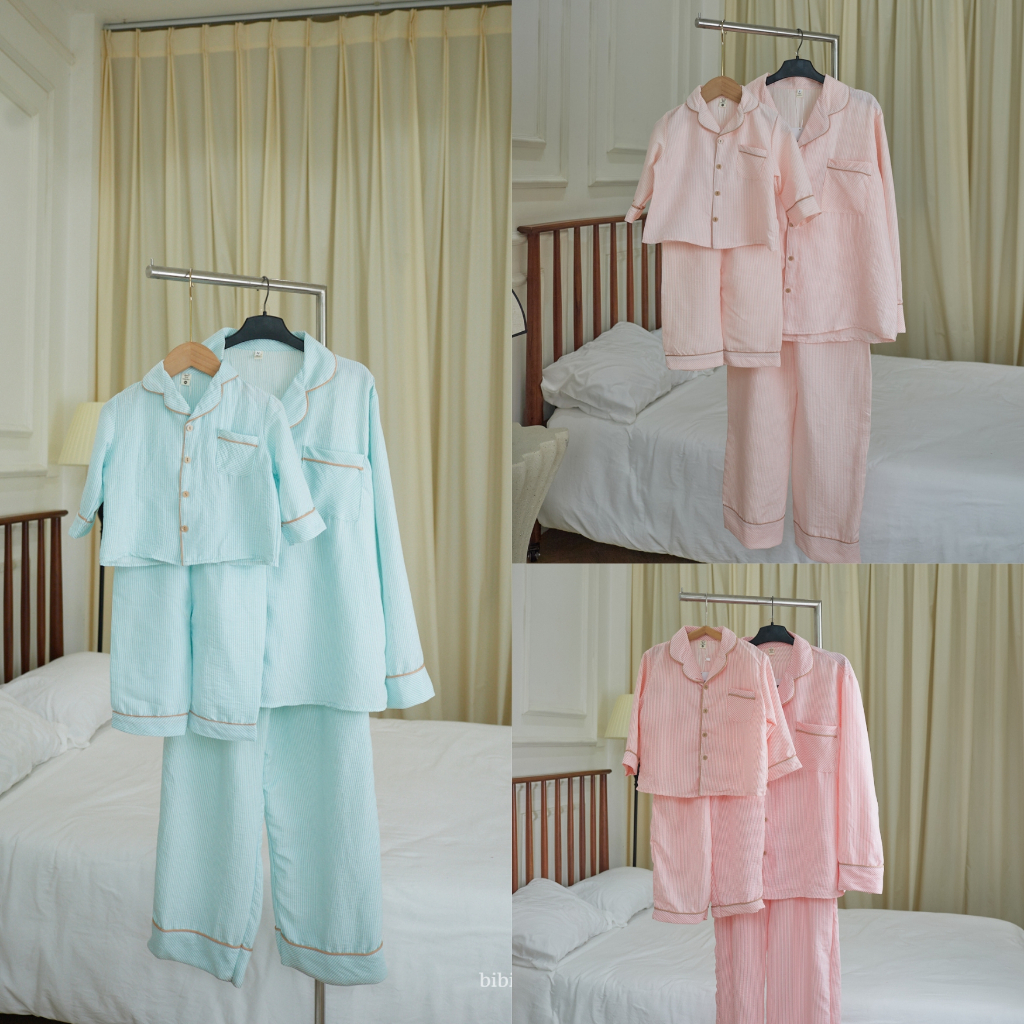 P320 Bộ Pyjama Mẹ Bé Tay Dài Quần Dài Chất Đũi Cotton Mềm Thoáng Hoạ Tiết Kẻ Sọc Màu Pastel – PJMB03