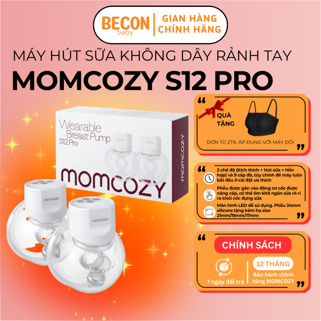 Máy hút sữa rảnh tay không dây Momcozy S12 Pro BECON, 9 cấp độ cho 3 chế độ, hút mạnh và kiệt
