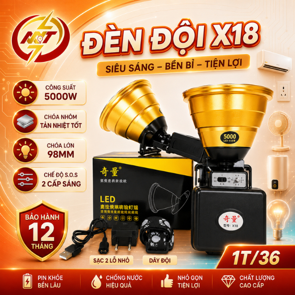 Đèn pin đội đầu siêu sáng X18, chóa 10cm / 11cm, công suất 5000w / 9000w