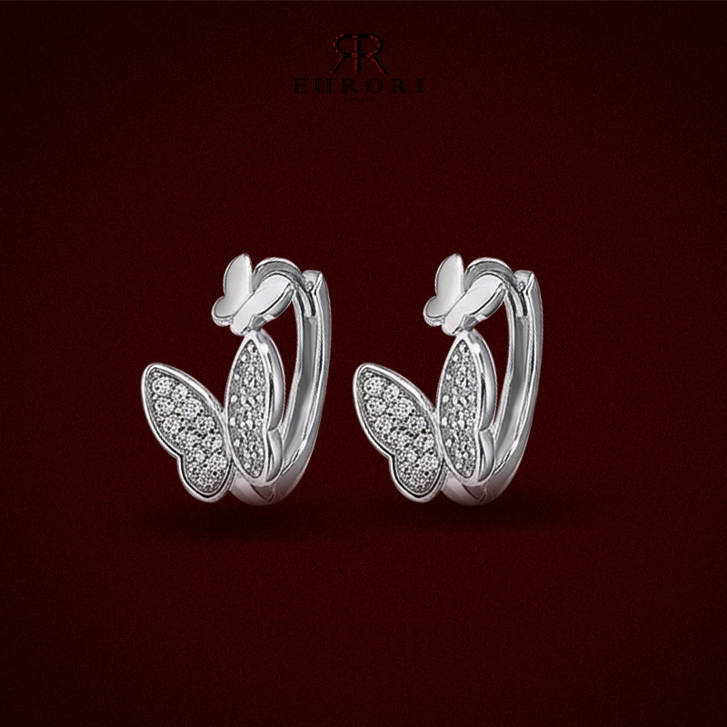 EURORI-Bông tai khoen Butterfly  thiết kế Eurori đính đá Zirconia 8A lấp lánh,Bông tai nữ bạc Ý S925