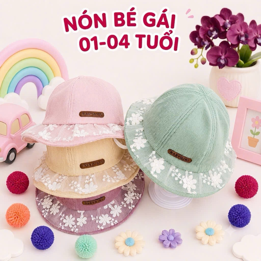 BO105: Nón bo bucket cho bé gái từ 02-05 tuổi phối lưới đơn giản, dễ thương, vải mềm thấm hút mồ hôi