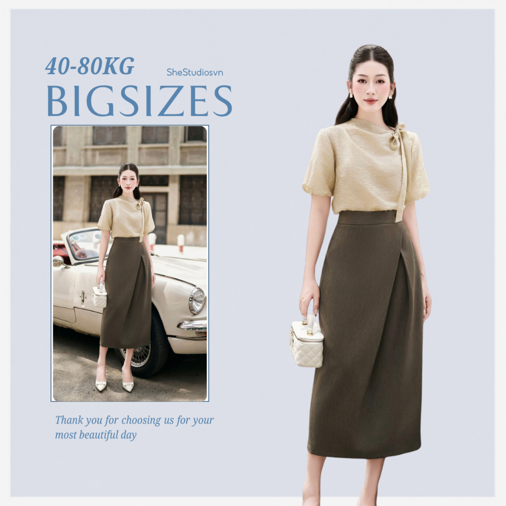 Set Váy Công Sở Thanh Lịch Áo Tơ Ép Phối Nơ, Mix Chân Váy Dáng A Nâu Rêu Thiết…