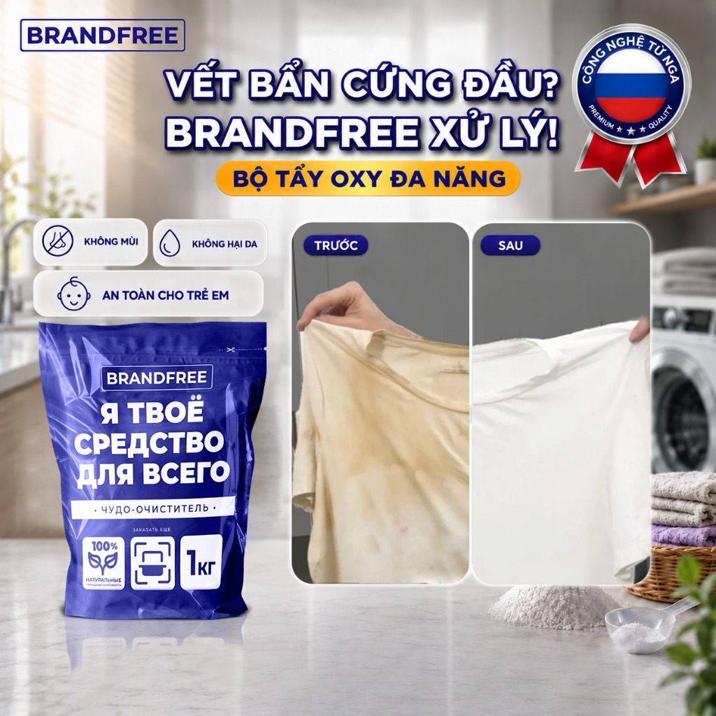 Bột Tẩy Oxy Trắng Quần Áo, Giày Dép BRANDFREE 1KG Đánh Bay Vết Ố Vàng, Khử…