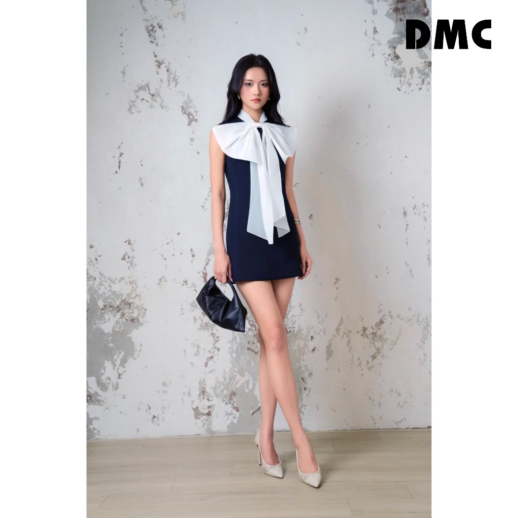 Đầm sát nách xanh navy phối cổ nơ DMC (Dark Navy Raw Loose Dress)