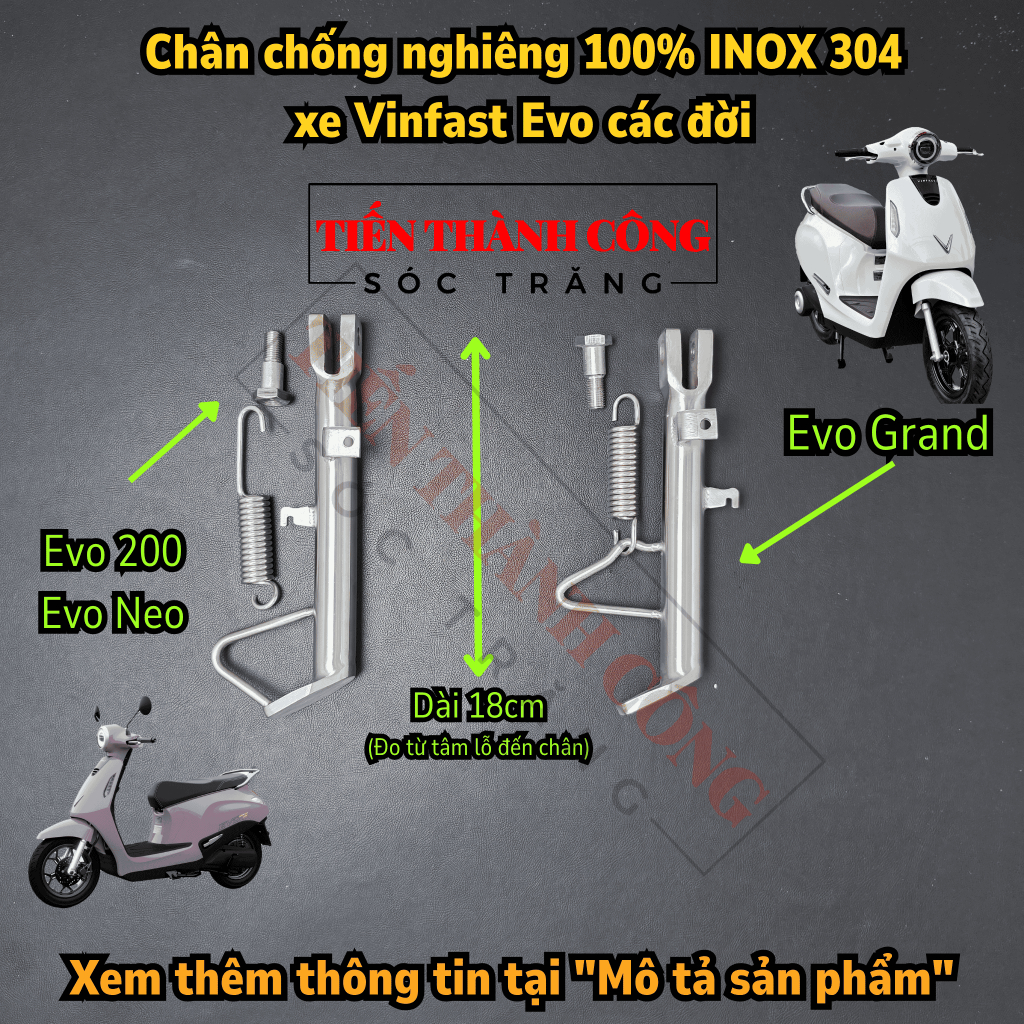 INOX 304 Chân chống nghiêng xe Evo 200 - Evo Grand - Evo Neo, kèm phụ kiện: Lò xo chống INOX + ốc ch