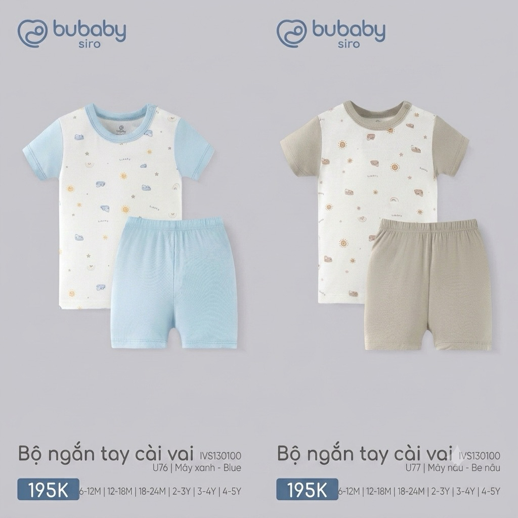(Bubaby) Bộ ngắn tay chính hãng cài vai Bubaby Siro-mềm mại, thoáng mát cho bé yêu
