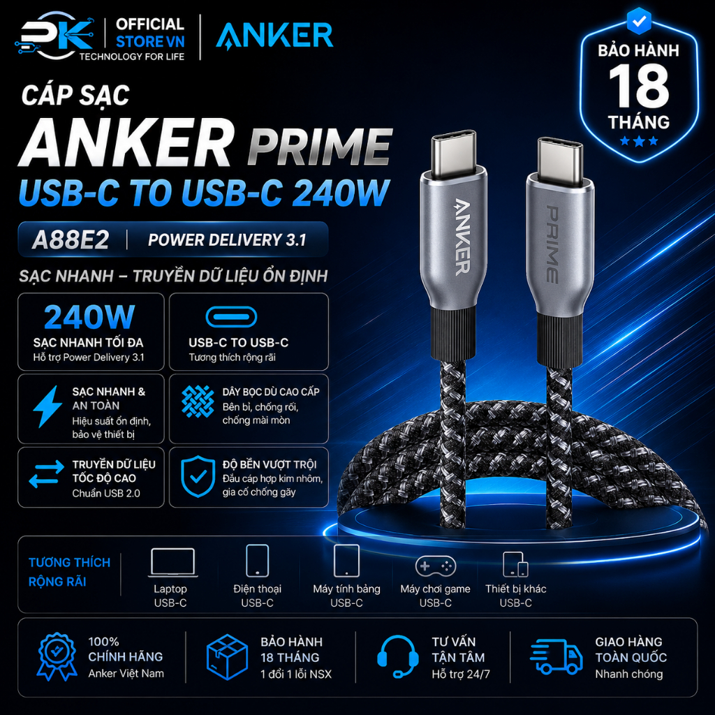 Cáp Sạc Anker Prime USB-C to USB-C 240W Dây Bọc Dù A88E2 - BH 18 Tháng
