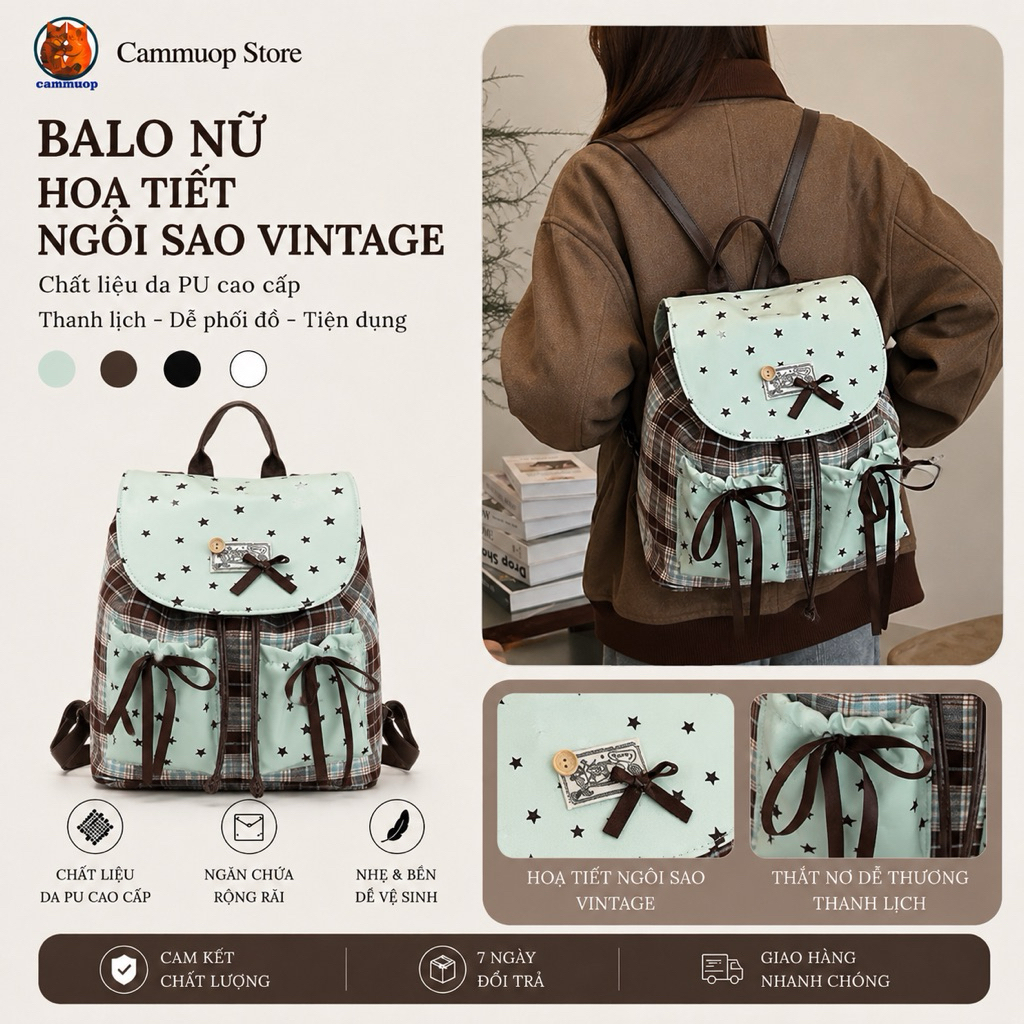 (sẵn)Balo Nữ Vintage Caro Phối Sao Hàn Quốc Vải Canvas Sức Chứa Lớn Đeo Đi Học Đi Chơi Thời Trang