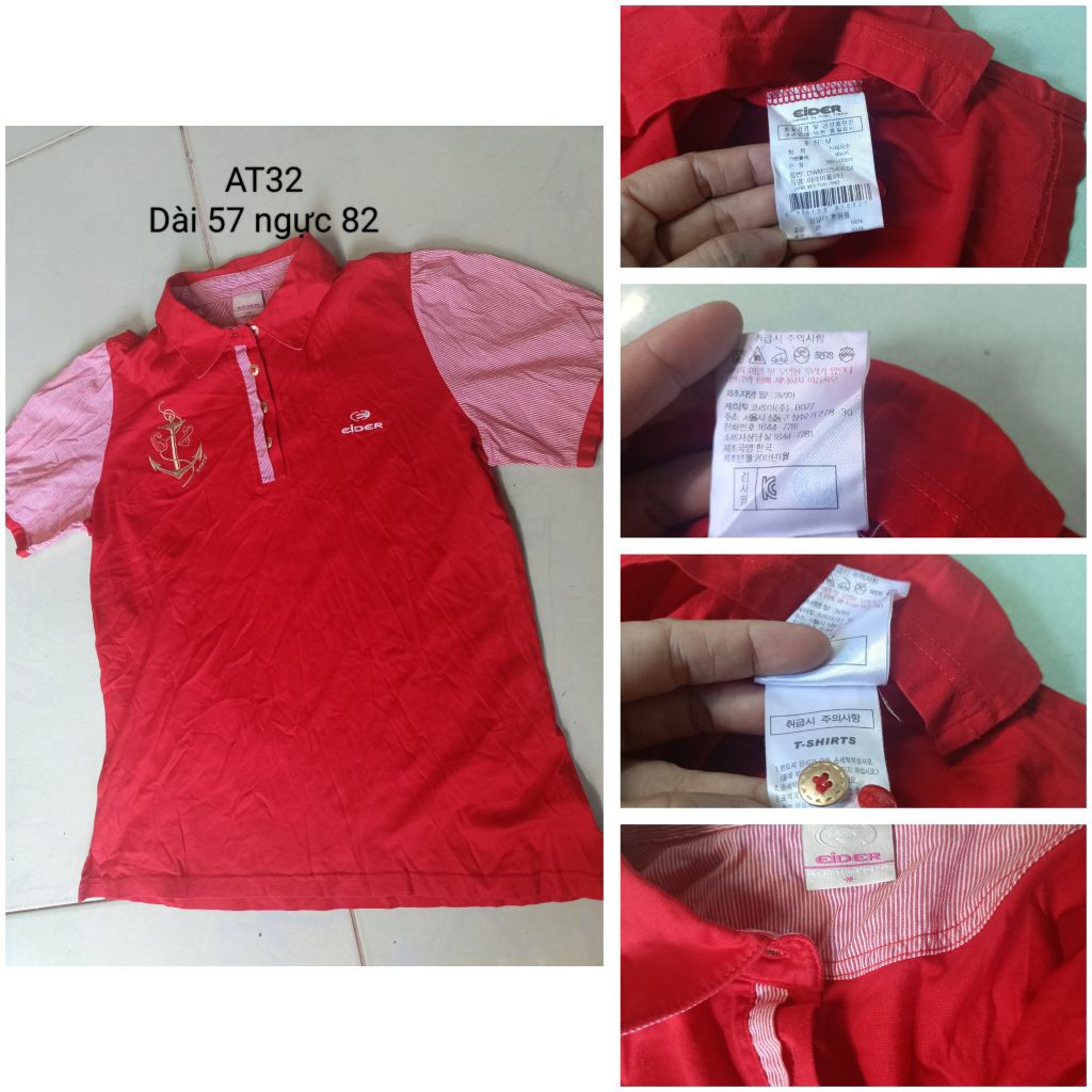 AT32#Áo Thun Polo Eider Thể Thao Nữ Màu Đỏ Phối Sọc Si Tuyển Đẹp 2Hand Chính Hãng Hàn Quốc Size S M