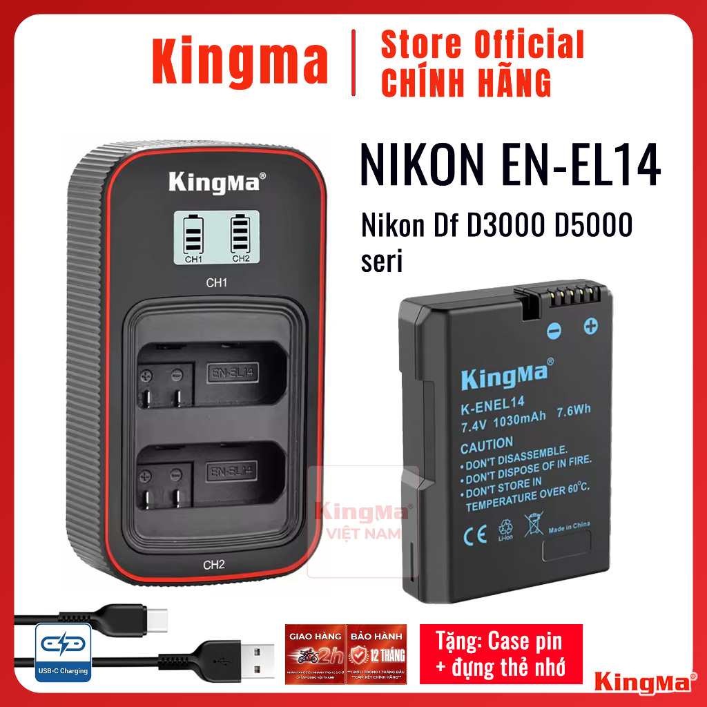 Kingma Nikon EN-EL14 | Pin và sạc máy ảnh Nikon Df D3300 D3200 D3400 D3500 D5100 D5200 D5300 D5500 D