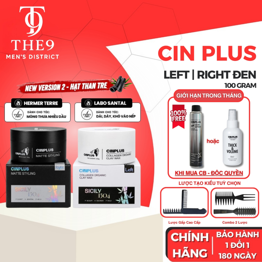 [MẪU MỚI] Sáp vuốt tóc CinPlus Clay Wax Sicily 1504 Left màu trắng, Right màu đen 100g - CINPLUS