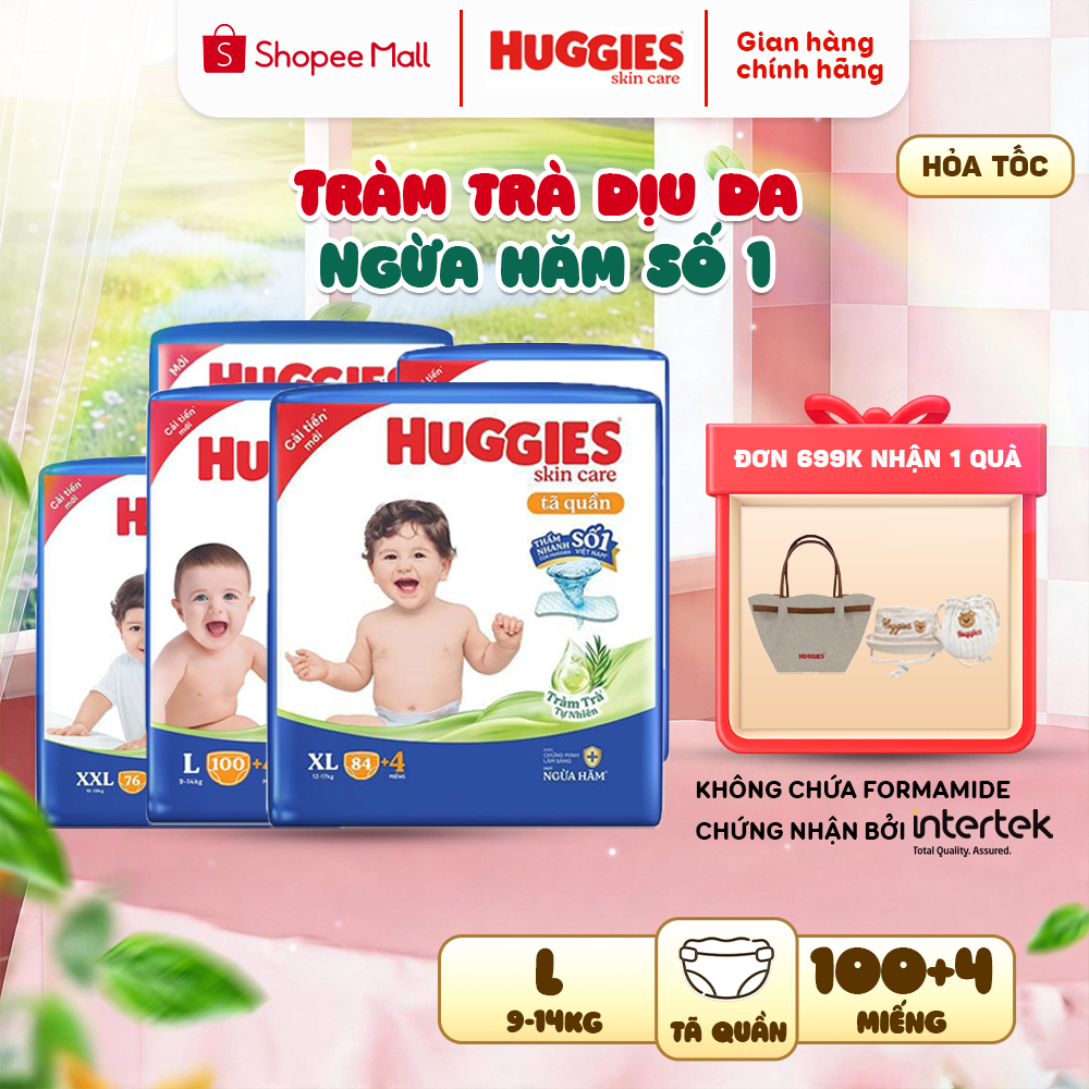Tã quần Huggies Skincare Mega Jumbo M102+4/L100+4/XL84+4/XXL76+4 Thoáng Mát Gấp 3 Lần, Giúp Làn Da B