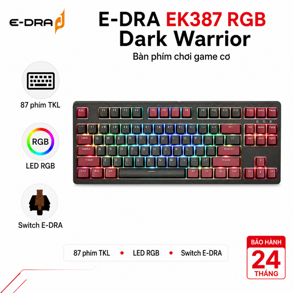 Bàn phím cơ gaming có dây E-Dra EK387 RGB Dark Warrior – TKL 87 phím, PBT, Type-C – Chính hãng