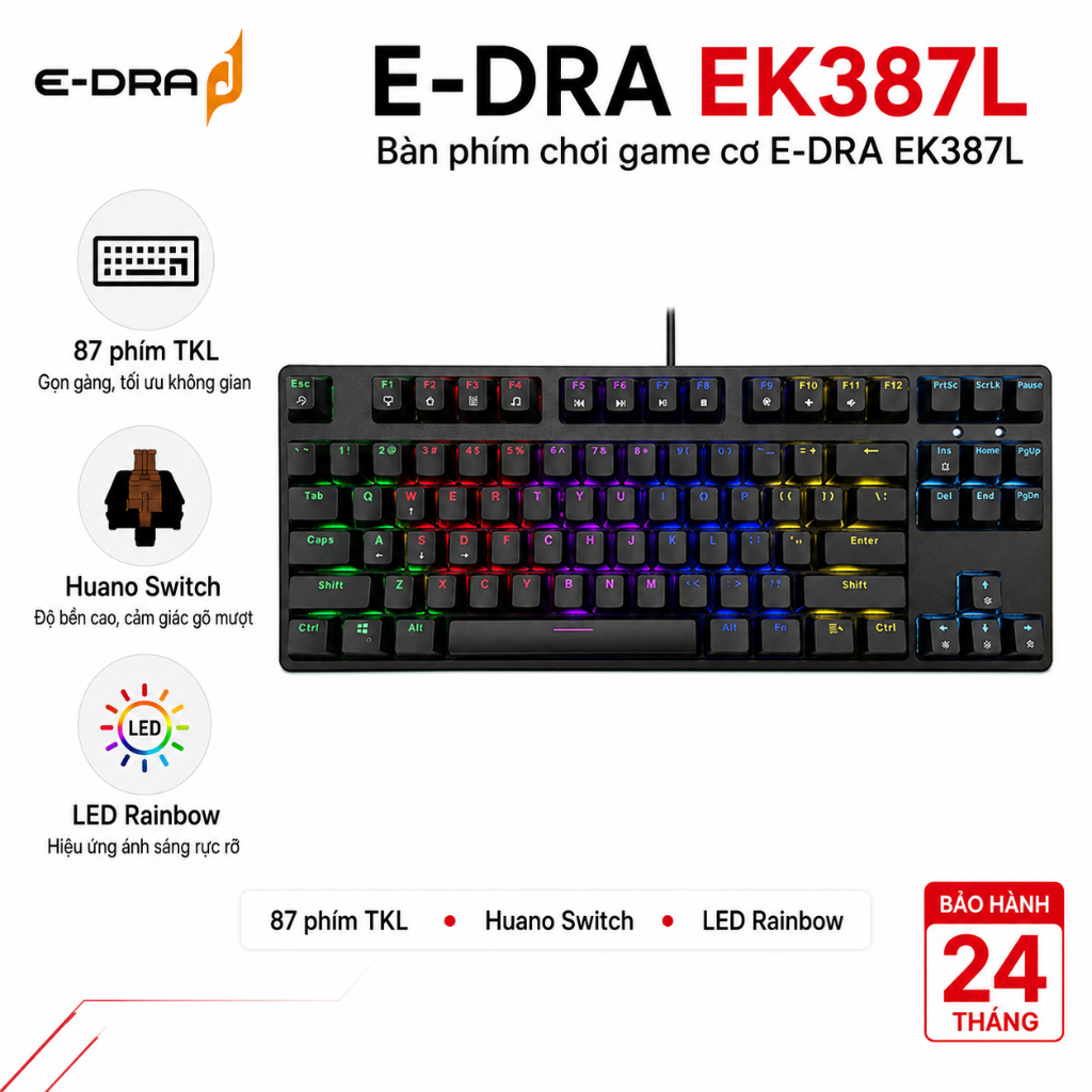 Bàn phím cơ gaming có dây E-Dra EK387L – 87 phím TKL, Huano Switch, LED Rainbow, Type-C – Chính hãng