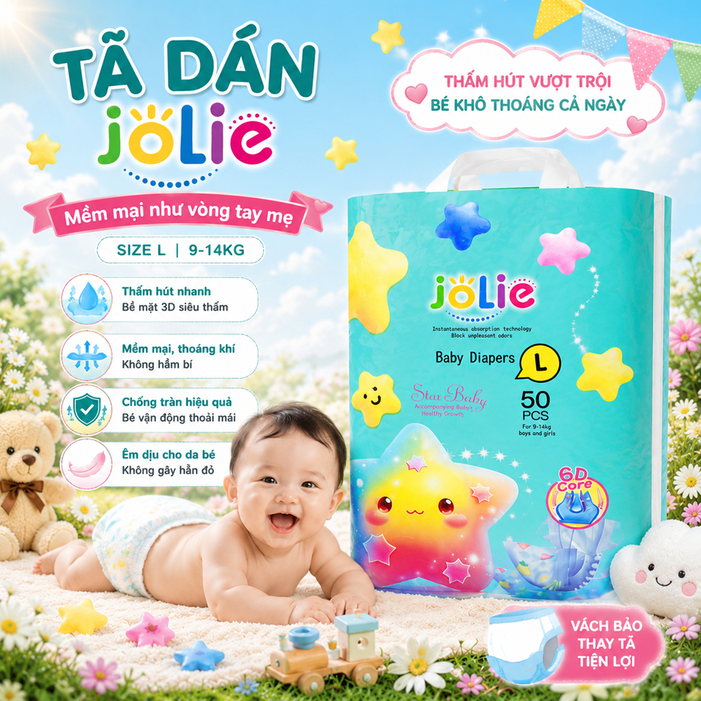 Gói 50 Miếng - Tã Dán Trẻ Em Jolie – Khô Thoáng, Chống Tràn