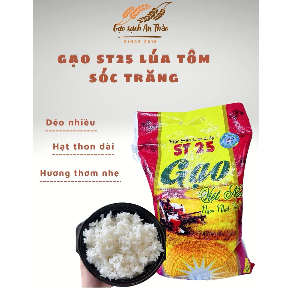 (5kg) Gạo ST25 lúa tôm Sóc Trăng - dẻo nhiều, thơm ngon, đặc sản sạch cao cấp