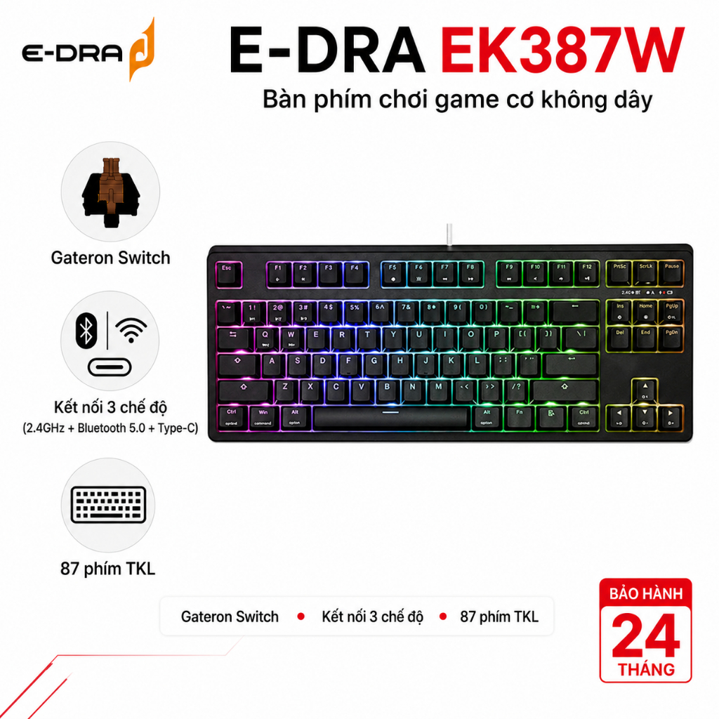 Bàn phím cơ gaming không dây E-Dra EK387W – 87 phím TKL, Gateron, RGB, kết nối 3 chế độ – Chính hãng