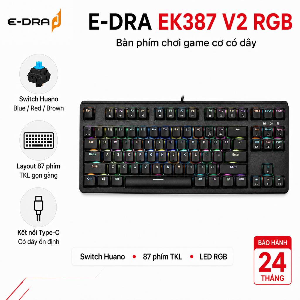 Bàn phím cơ gaming có dây E-Dra EK387 V2 RGB – 87 phím TKL, Huano, cáp rời Type-C – Chính hãng
